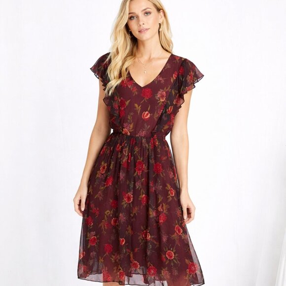 J. Peterman Womens Floral Midi Dress V-Neck Ruffle Sleeves Size 6 Red & Black - Picture 9 of 9